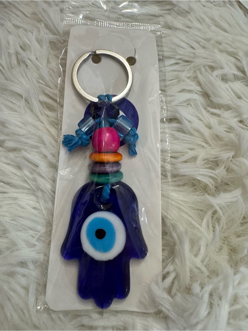 Hamsa Evil Eye glass Keychain wood beads- Blue Decorative Charm